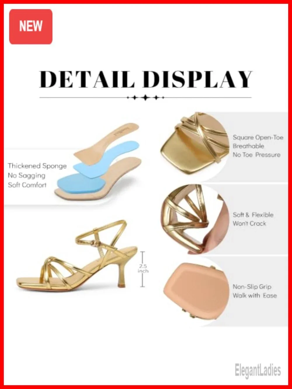 Strappy Square Open Toe Kitten Heel Sandals 2.5 Inch Ankle Strap Faux Leather